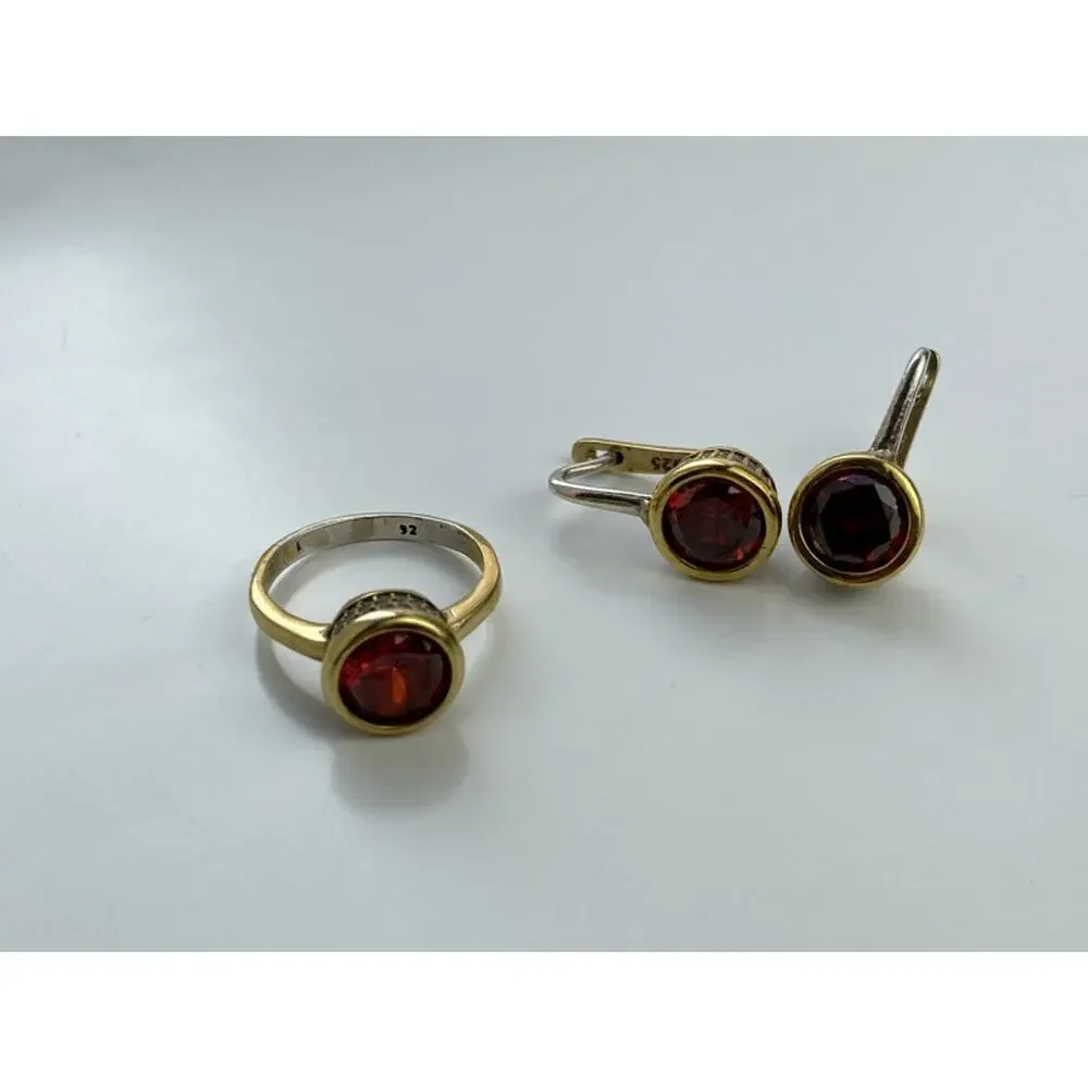 925 STERLING SILVER GOLD PLATED GARNET & CZ JEWELRY SET TURKEY